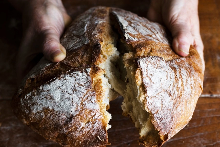 hand breaking sourdough bread